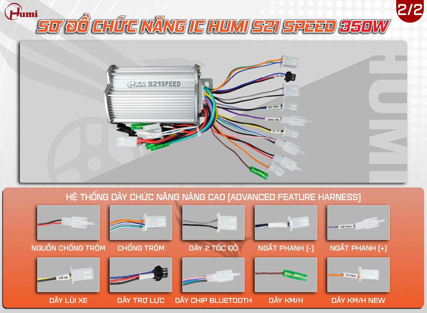 Sơ đồ dây nâng cao IC Humi S21 Speed 350W: nguồn chống trộm, chống trộm, dây 2 tốc độ, ngắt phanh (−), ngắt phanh (+), dây lùi xe, dây trợ lực (PAS), dây chip Bluetooth, dây KM/H, dây KM/H New
