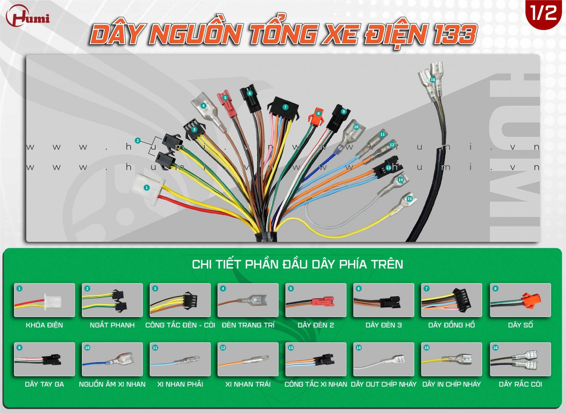 Ảnh phần đầu TR&Ecirc;N d&acirc;y nguồn tổng xe điện 133: kh&oacute;a điện, ngắt phanh, c&ocirc;ng tắc đ&egrave;n-c&ograve;i, đ&egrave;n trang tr&iacute;, đ&egrave;n 2/3, đồng hồ, số, tay ga, hệ xi nhan v&agrave; chớp nh&aacute;y, rắc c&ograve;i