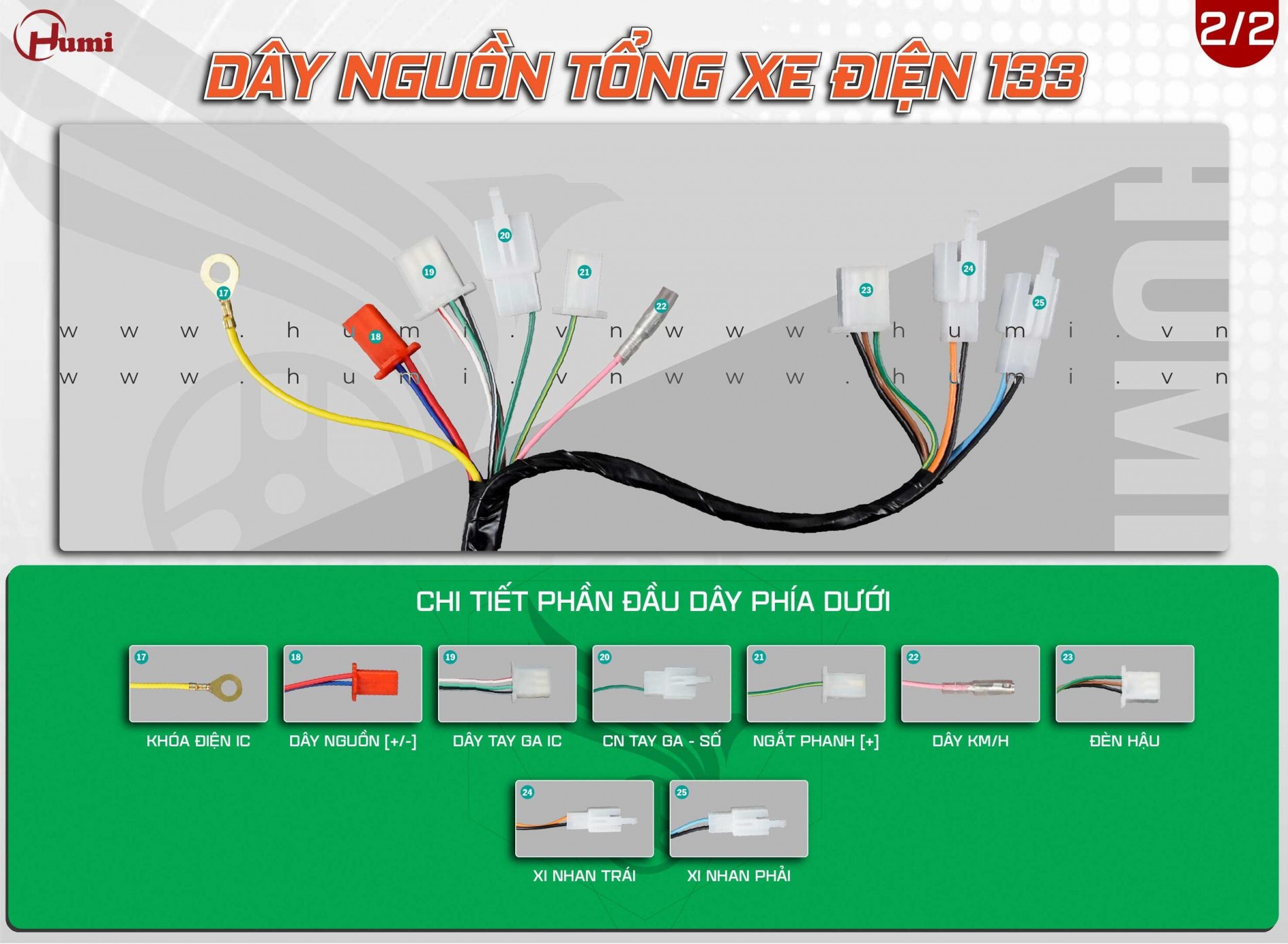 Ảnh phần đầu DƯỚI d&acirc;y nguồn tổng xe điện 133: kh&oacute;a điện IC, d&acirc;y nguồn +/- , tay ga IC, CN tay ga - số, ngắt phanh [+], KM/H, đ&egrave;n hậu, xi nhan tr&aacute;i/phải