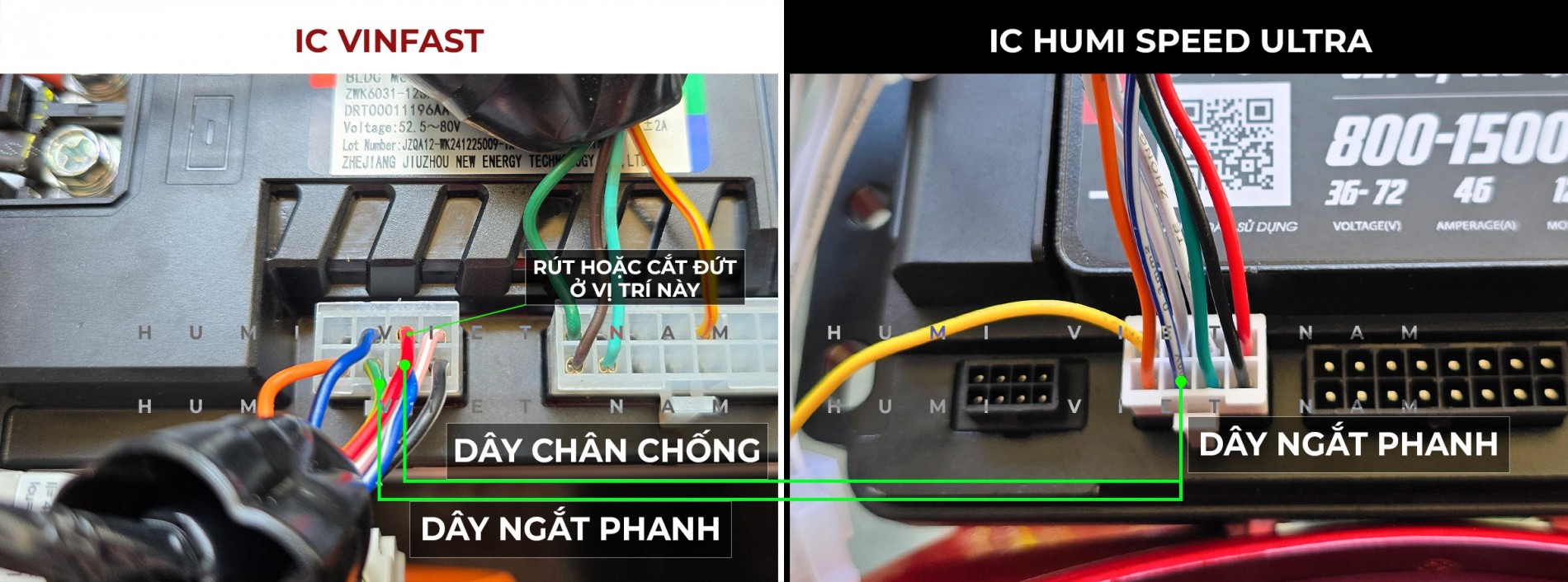 Đấu dây ngắt phanh và chân chống từ IC VinFast sang IC Humi Speed Ultra — đảm bảo an toàn