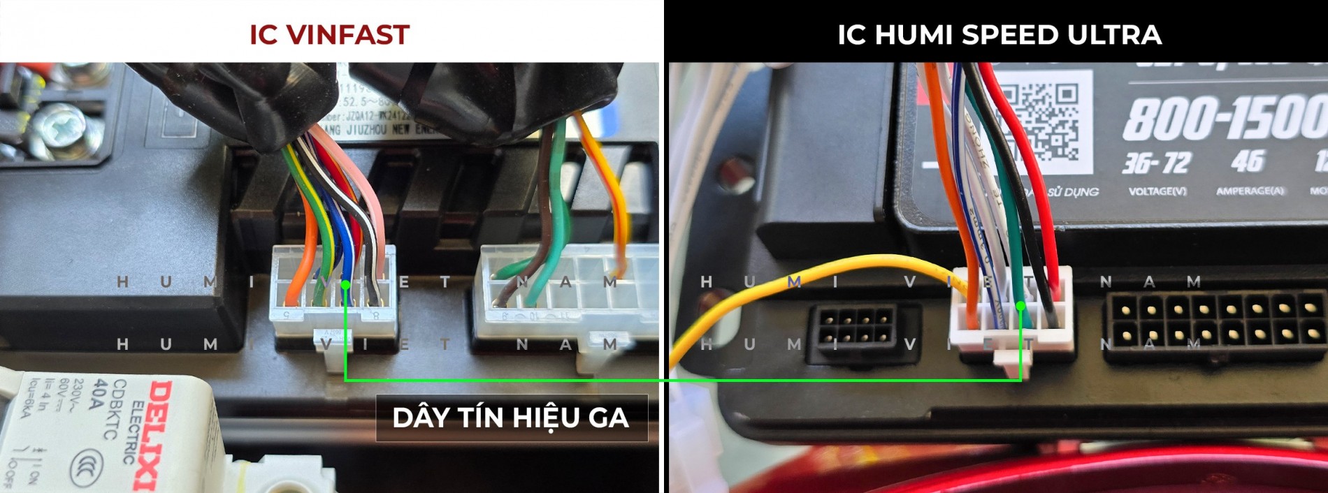 Dây tín hiệu ga — nối từ IC VinFast (xanh da trời sọc trắng) sang IC Humi Speed Ultra (xanh lá)